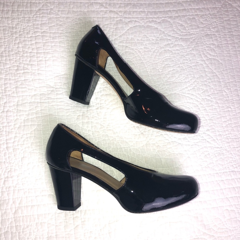 AUDLEY LONDON Patent Leather Covered platform cutout heel Sz 37.5 EUC Almond toe - Picture 3 of 11